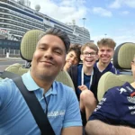 Cruising with Danny and Peter, Holland America Line, Nieuw Statendam, Arrecife, Lanzarote, Canary Islands, Volcanic Adventure | A vibrant collage capturing an adventure in Arrecife, Lanzarote: the dark, winding lava tunnels of Cueva de los Verdes illuminated by soft lights; the serene turquoise pool and lush greenery of Jameos del Agua with its volcanic cave backdrop; the sweeping ocean views from Mirador del Río’s cliffside lookout, framing La Graciosa island; and the surreal, Mars-like red and black lava fields of Timanfaya National Park under a clear sky, showcasing Lanzarote’s volcanic beauty.