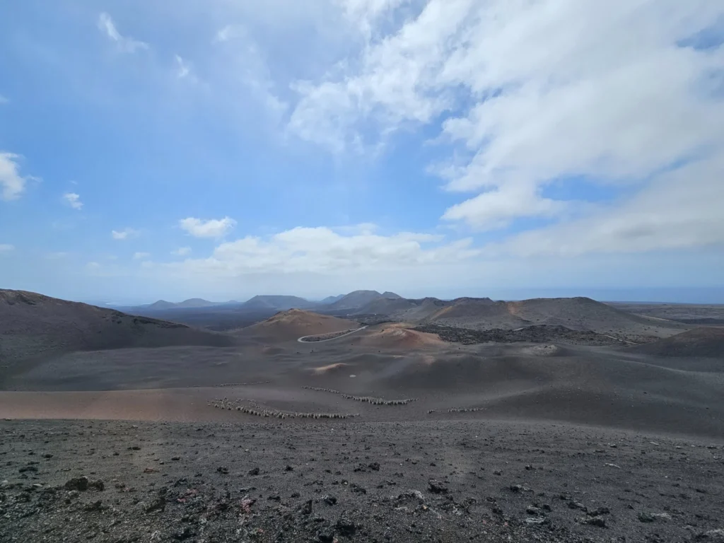 Cruising with Danny and Peter, Holland America Line, Nieuw Statendam, Arrecife, Lanzarote, Canary Islands, Volcanic Adventure | A vibrant collage capturing an adventure in Arrecife, Lanzarote: the dark, winding lava tunnels of Cueva de los Verdes illuminated by soft lights; the serene turquoise pool and lush greenery of Jameos del Agua with its volcanic cave backdrop; the sweeping ocean views from Mirador del Río’s cliffside lookout, framing La Graciosa island; and the surreal, Mars-like red and black lava fields of Timanfaya National Park under a clear sky, showcasing Lanzarote’s volcanic beauty.