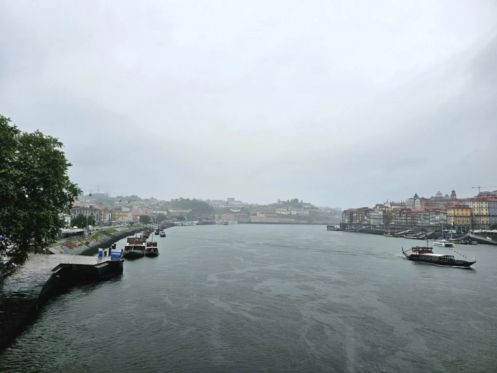 Cruising with Danny and Peter, Holland America Line, Nieuw Statendam, Leixoes, Porto, Portugal, Rainy Adventure | A vibrant collage capturing a rainy day adventure in Porto, Portugal, from the Holland America Line’s Nieuw Statendam cruise. The scene includes a colorful tuk-tuk navigating Porto’s wet, cobblestone streets with historic buildings in the background, the iconic Dom Luís I Bridge spanning the Douro River under gray skies, the majestic Porto Cathedral with its Gothic facade glistening in the rain, and the intricate blue-and-white azulejo tiles of São Bento Station’s atrium. Onboard, a beautifully plated dish from Tamarind restaurant showcases exotic flavors, while the lively Lido Fun Fair on the Lido Midship deck features children enjoying carnival games under a retractable roof, with colorful decorations and cotton candy adding festive cheer.