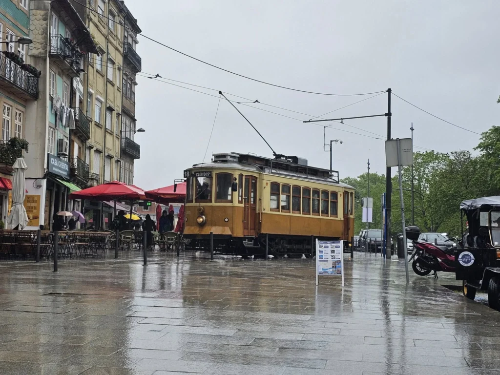 Cruising with Danny and Peter, Holland America Line, Nieuw Statendam, Leixoes, Porto, Portugal, Rainy Adventure | A vibrant collage capturing a rainy day adventure in Porto, Portugal, from the Holland America Line’s Nieuw Statendam cruise. The scene includes a colorful tuk-tuk navigating Porto’s wet, cobblestone streets with historic buildings in the background, the iconic Dom Luís I Bridge spanning the Douro River under gray skies, the majestic Porto Cathedral with its Gothic facade glistening in the rain, and the intricate blue-and-white azulejo tiles of São Bento Station’s atrium. Onboard, a beautifully plated dish from Tamarind restaurant showcases exotic flavors, while the lively Lido Fun Fair on the Lido Midship deck features children enjoying carnival games under a retractable roof, with colorful decorations and cotton candy adding festive cheer.