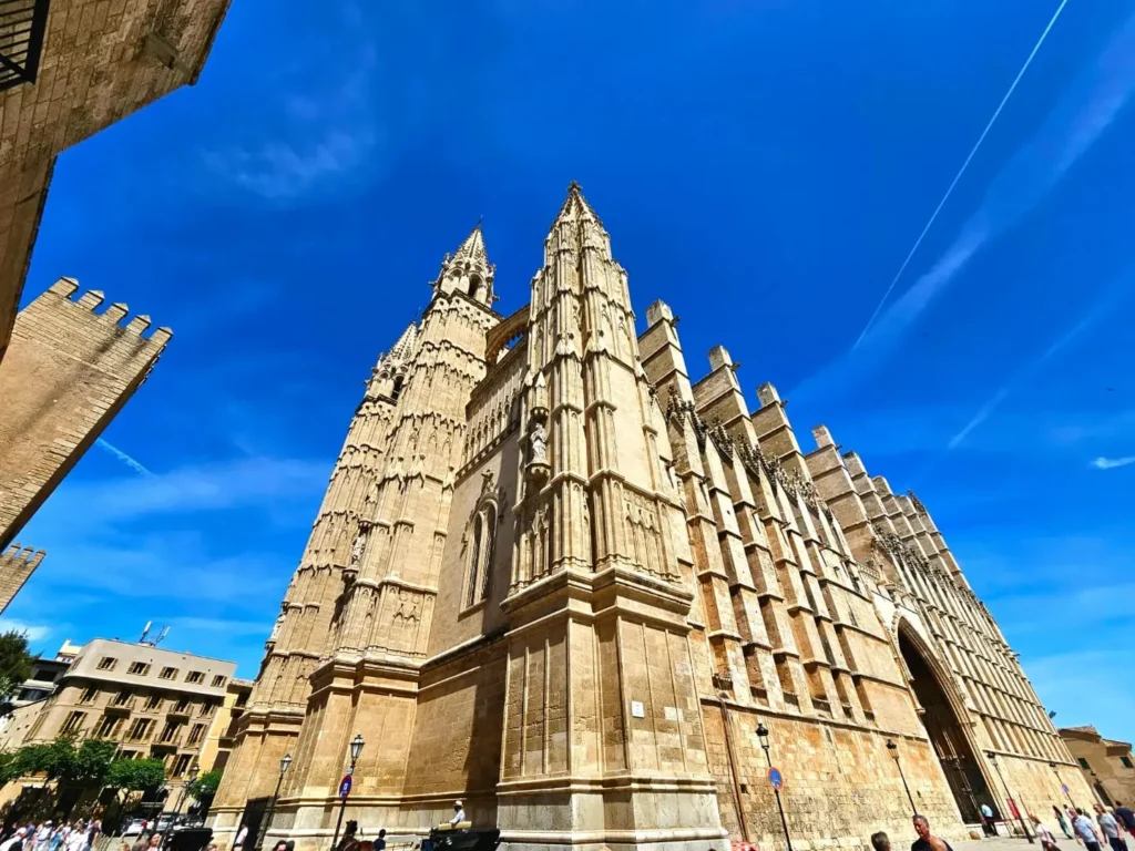 Cruising with Danny and Peter, Holland America Line, Nieuw Statendam, Palma de Mallorca, Spain | Scenic coastal drive in Mallorca during the Palma de Mallorca Sunset Tour, featuring rugged cliffs and azure waters. Historic Palma Cathedral with Gothic architecture is also highlighted. The luxurious seafood feast aboard MS Nieuw Statendam includes lobster, shrimp, and crab, complemented by a stunning Mediterranean sunset with pink and gold hues in the sky.