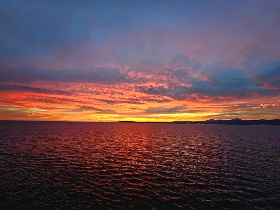 Cruising with Danny and Peter, Holland America Line, Nieuw Statendam, Palma de Mallorca, Spain | Scenic coastal drive in Mallorca during the Palma de Mallorca Sunset Tour, featuring rugged cliffs and azure waters. Historic Palma Cathedral with Gothic architecture is also highlighted. The luxurious seafood feast aboard MS Nieuw Statendam includes lobster, shrimp, and crab, complemented by a stunning Mediterranean sunset with pink and gold hues in the sky.