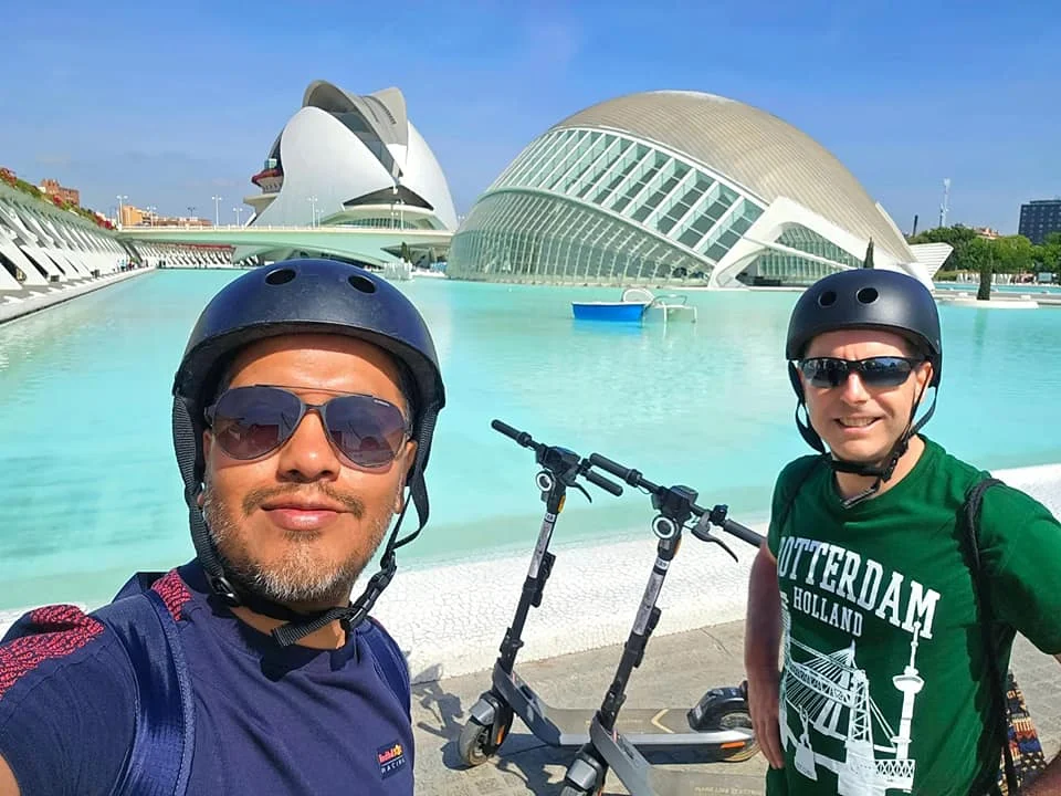 Valencia Cruise Adventure: E-Step Exploration, Beach Bliss, and Canaletto Cuisine 2 Cruising with Danny and Peter, Holland America Line, Nieuw Statendam, Valencia, Spain | Exploring Valencia on an e-step during a Mediterranean cruise adventure, passing iconic landmarks like the City of Arts and Sciences and the historic Barrio del Carmen.