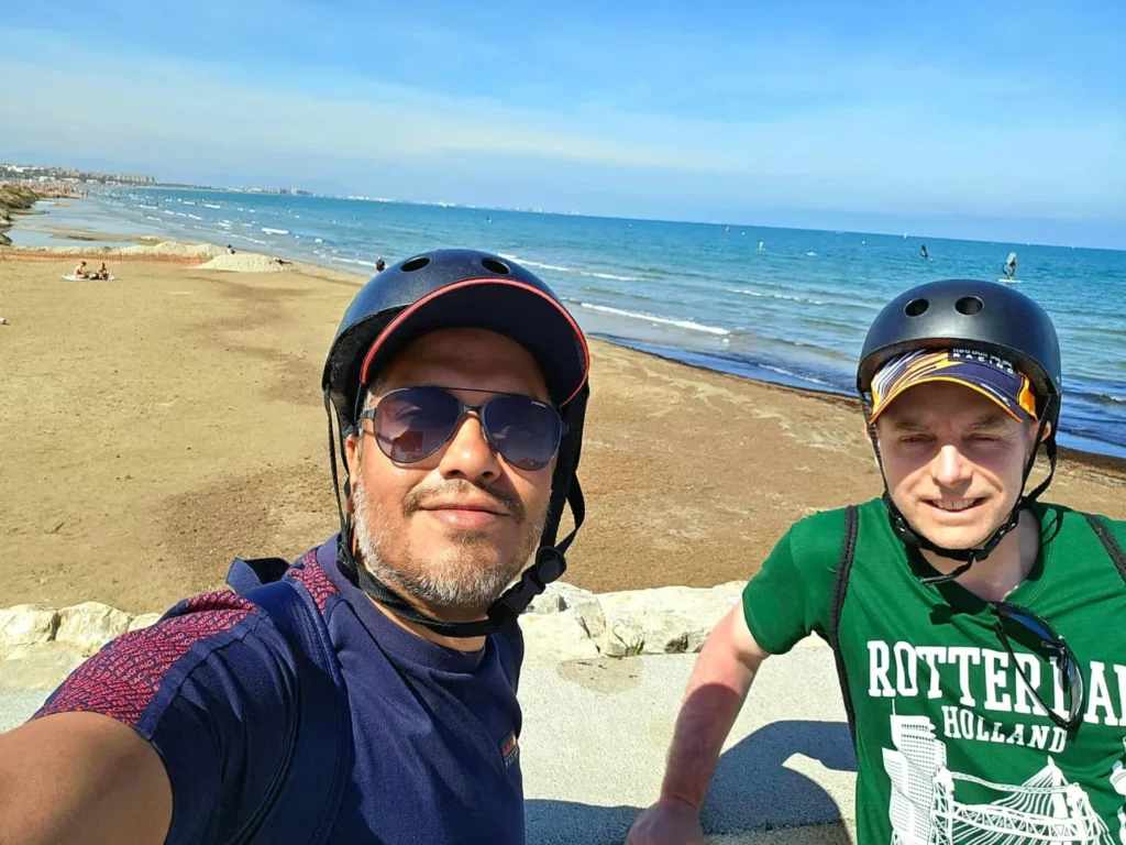 Valencia Cruise Adventure: E-Step Exploration, Beach Bliss, and Canaletto Cuisine 30 Cruising with Danny and Peter, Holland America Line, Nieuw Statendam, Valencia, Spain | Exploring Valencia on an e-step during a Mediterranean cruise adventure, passing iconic landmarks like the City of Arts and Sciences and the historic Barrio del Carmen.