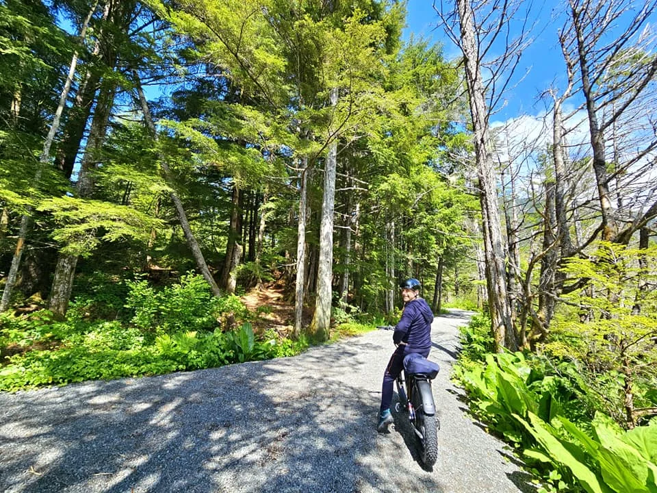 Cruising with Danny and Peter, Holland America Line, Westerdam, Sitka, Alaska, United States | Biking the scenic Sitka Cross Trail through lush Alaskan forests, capturing Sitka's natural beauty and outdoor adventure; a whale breaching in Whale Park, showcasing Sitka Alaska's wildlife; a majestic eagle soaring above, symbolizing the rich wildlife; and an intricate Tlingit totem pole representing the cultural heritage of Sitka, Alaska, all set against the stunning coastal landscape of this Alaskan gem.