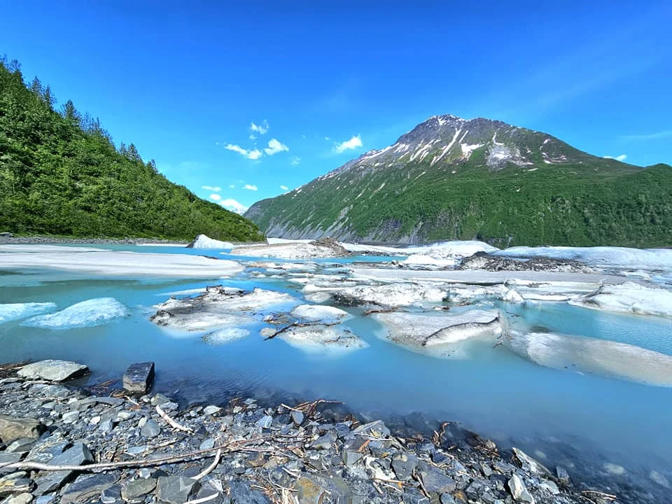 Cruising with Danny and Peter, Holland America Line, Westerdam, Prince William Sound, Valdez, Alaska, United States | A serene panorama of Prince William Sound at dawn, with the luxurious Westerdam cruise ship gliding through calm waters, surrounded by snow-capped mountains and glowing glaciers under a soft pink sky. Humpback whales breach the surface, their tails splashing against the reflective water, while sea otters float playfully in kelp beds and a bald eagle soars overhead. In Valdez Glacier Lake, vibrant blue icebergs drift peacefully, with kayakers in colorful kayaks paddling through the icy maze, dwarfed by the towering Valdez Glacier’s rugged ice face in the background. The Westerdam’s elegant deck features passengers enjoying a gourmet breakfast with panoramic views of the Alaskan wilderness, capturing the harmonious blend of luxury and nature.