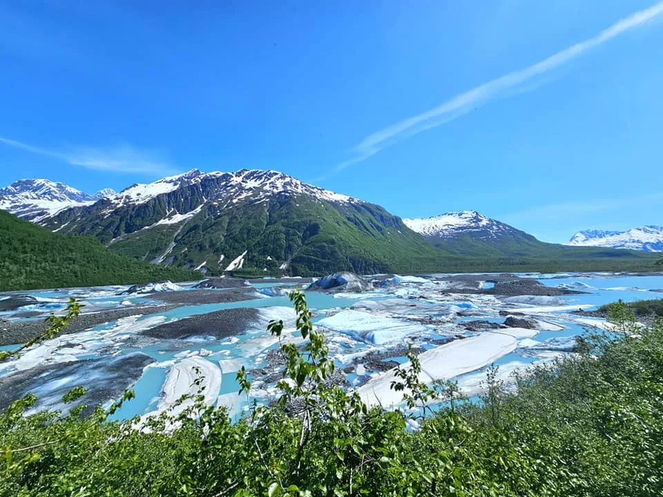 Cruising with Danny and Peter, Holland America Line, Westerdam, Prince William Sound, Valdez, Alaska, United States | A serene panorama of Prince William Sound at dawn, with the luxurious Westerdam cruise ship gliding through calm waters, surrounded by snow-capped mountains and glowing glaciers under a soft pink sky. Humpback whales breach the surface, their tails splashing against the reflective water, while sea otters float playfully in kelp beds and a bald eagle soars overhead. In Valdez Glacier Lake, vibrant blue icebergs drift peacefully, with kayakers in colorful kayaks paddling through the icy maze, dwarfed by the towering Valdez Glacier’s rugged ice face in the background. The Westerdam’s elegant deck features passengers enjoying a gourmet breakfast with panoramic views of the Alaskan wilderness, capturing the harmonious blend of luxury and nature.