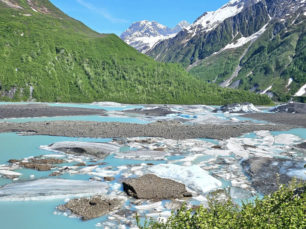 Cruising with Danny and Peter, Holland America Line, Westerdam, Prince William Sound, Valdez, Alaska, United States | A serene panorama of Prince William Sound at dawn, with the luxurious Westerdam cruise ship gliding through calm waters, surrounded by snow-capped mountains and glowing glaciers under a soft pink sky. Humpback whales breach the surface, their tails splashing against the reflective water, while sea otters float playfully in kelp beds and a bald eagle soars overhead. In Valdez Glacier Lake, vibrant blue icebergs drift peacefully, with kayakers in colorful kayaks paddling through the icy maze, dwarfed by the towering Valdez Glacier’s rugged ice face in the background. The Westerdam’s elegant deck features passengers enjoying a gourmet breakfast with panoramic views of the Alaskan wilderness, capturing the harmonious blend of luxury and nature.