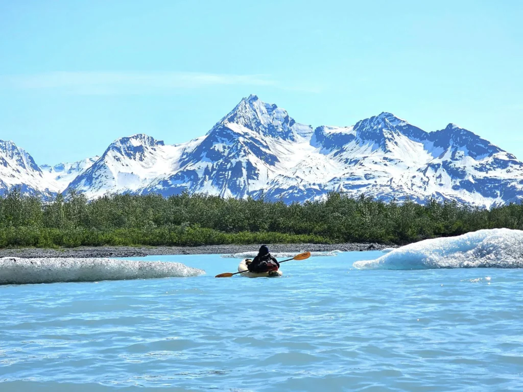 Cruising with Danny and Peter, Holland America Line, Westerdam, Prince William Sound, Valdez, Alaska, United States | A serene panorama of Prince William Sound at dawn, with the luxurious Westerdam cruise ship gliding through calm waters, surrounded by snow-capped mountains and glowing glaciers under a soft pink sky. Humpback whales breach the surface, their tails splashing against the reflective water, while sea otters float playfully in kelp beds and a bald eagle soars overhead. In Valdez Glacier Lake, vibrant blue icebergs drift peacefully, with kayakers in colorful kayaks paddling through the icy maze, dwarfed by the towering Valdez Glacier’s rugged ice face in the background. The Westerdam’s elegant deck features passengers enjoying a gourmet breakfast with panoramic views of the Alaskan wilderness, capturing the harmonious blend of luxury and nature.