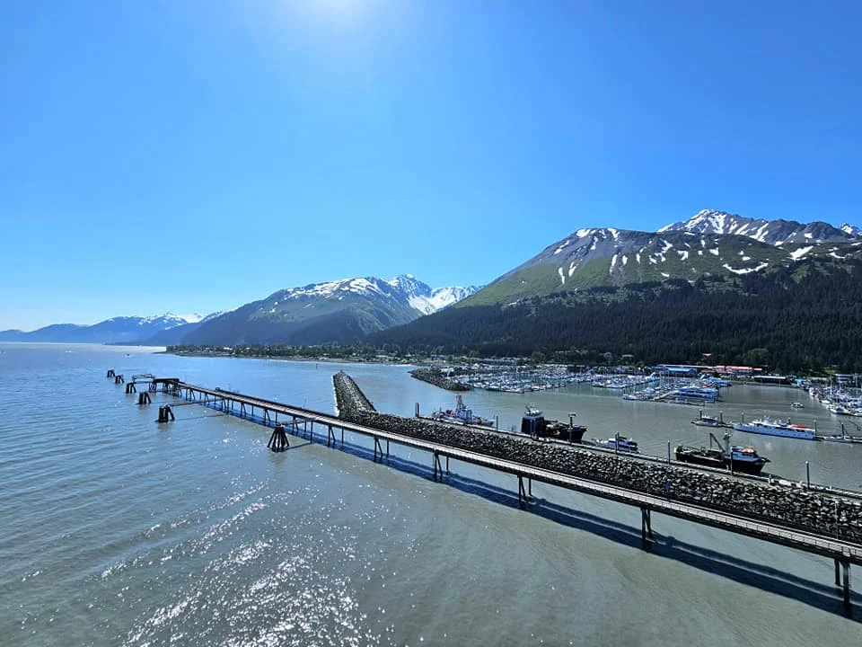 Cruising with Danny and Peter, Holland America Line, Westerdam, Seward, Alaska, United States | A panoramic view of Seward Harbor with rugged cliffs and serene waters, capturing Alaska's wilderness on a photography adventure. Travelers document vibrant wildflowers and snow-capped peaks in Chugach National Forest during an Alaska wilderness cruise. Historical remnants of the 1890 Gold Rush in Seward, including old mining equipment in lush alpine meadows, offer perfect scenes for photography enthusiasts. A majestic bald eagle soars over the tranquil waters of Seward Harbor, while senior-friendly guided tours explore accessible trails amidst stunning natural landscapes.