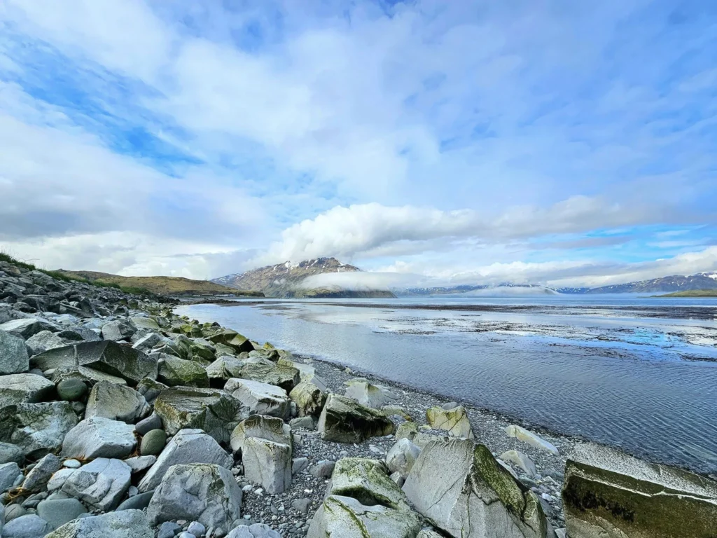 Cruising with Danny and Peter, Holland America Line, Westerdam, Dutch Harbor, Unlaska, Alaska, United States | Scenic view of Dutch Harbor Unalaska featuring rugged mountains and the Bering Sea, with a hiker on Mount Ballyhoo Trail, a majestic bald eagle soaring above, and the historic Russian Orthodox Church with its distinctive onion domes. Includes a fresh seafood dish representing local cuisine and a birdwatching spot at Unalaska Island Bird Sanctuary, capturing the charm of Unalaska's blend of natural beauty, wildlife, and cultural heritage.
