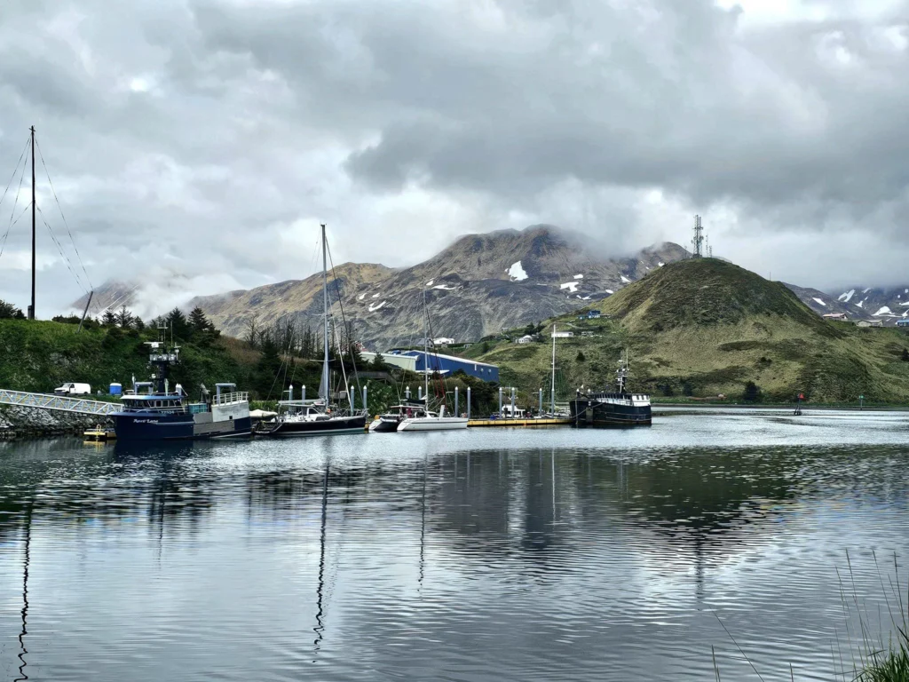 Cruising with Danny and Peter, Holland America Line, Westerdam, Dutch Harbor, Unlaska, Alaska, United States | Scenic view of Dutch Harbor Unalaska featuring rugged mountains and the Bering Sea, with a hiker on Mount Ballyhoo Trail, a majestic bald eagle soaring above, and the historic Russian Orthodox Church with its distinctive onion domes. Includes a fresh seafood dish representing local cuisine and a birdwatching spot at Unalaska Island Bird Sanctuary, capturing the charm of Unalaska's blend of natural beauty, wildlife, and cultural heritage.
