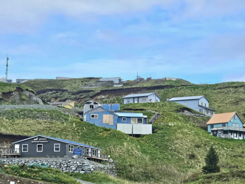 Cruising with Danny and Peter, Holland America Line, Westerdam, Dutch Harbor, Unlaska, Alaska, United States | Scenic view of Dutch Harbor Unalaska featuring rugged mountains and the Bering Sea, with a hiker on Mount Ballyhoo Trail, a majestic bald eagle soaring above, and the historic Russian Orthodox Church with its distinctive onion domes. Includes a fresh seafood dish representing local cuisine and a birdwatching spot at Unalaska Island Bird Sanctuary, capturing the charm of Unalaska's blend of natural beauty, wildlife, and cultural heritage.