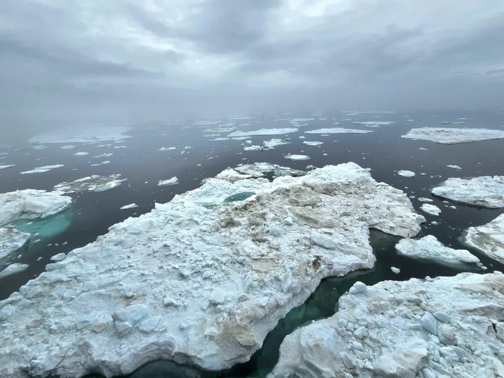 Cruising with Danny and Peter, Holland America Line, Westerdam, Bering Sea, Alaska, United States, Arctic Circle Adventure | A vibrant scene aboard Holland America Line’s Westerdam during the Alaska Arctic Circle Solstice cruise in the Bering Sea, Alaska, United States. Passengers gather around the Lido pool, preparing for the exhilarating Polar Bear Plunge, with crew members setting up the chilled pool to simulate Arctic waters. In the background, stunning Arctic landscapes unfold, featuring pristine ice floes floating on deep blue waters under a golden-hued sky, with distant glaciers and occasional wildlife, such as seals and seabirds, enhancing the untamed beauty of the Frozen Sea Adventure.