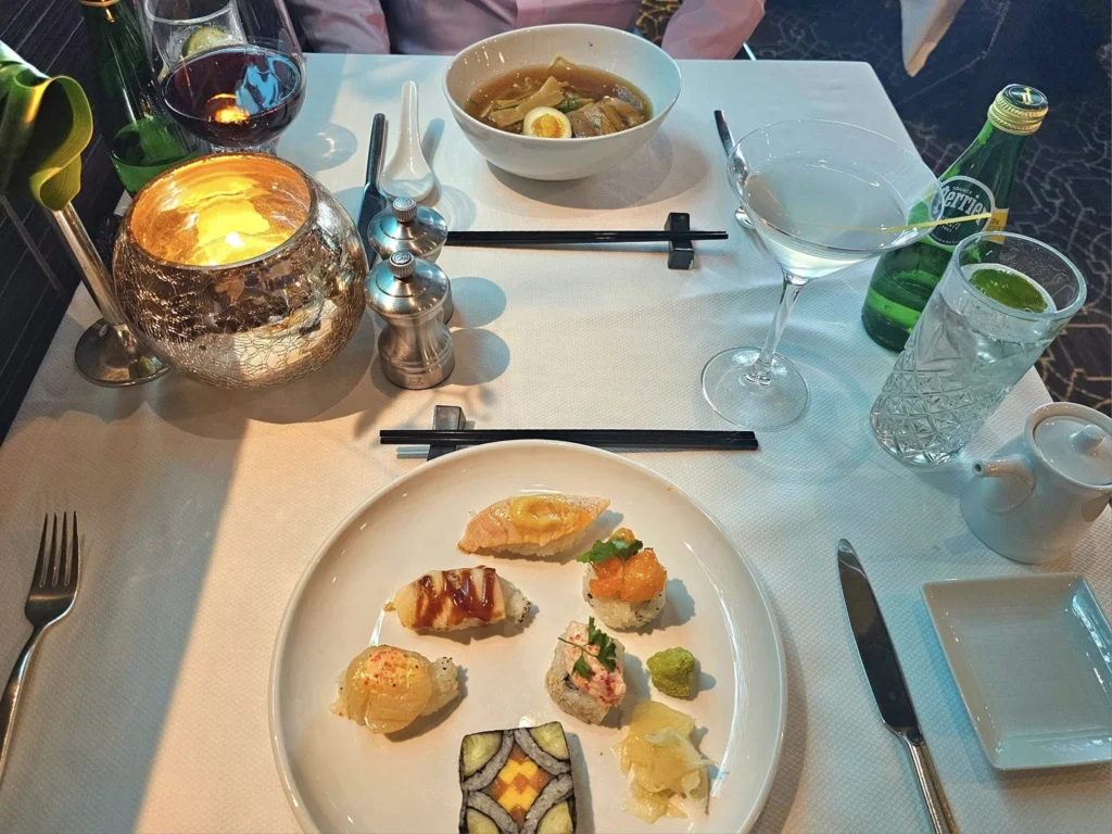 Cruising with Danny and Peter, Holland America Line, Westerdam, Bering Sea, Alaska, United States | Exquisite Morimoto dining experience at Pinnacle Grill on Westerdam during Alaska cruise, showcasing gourmet Japanese cuisine and elegant restaurant ambiance.