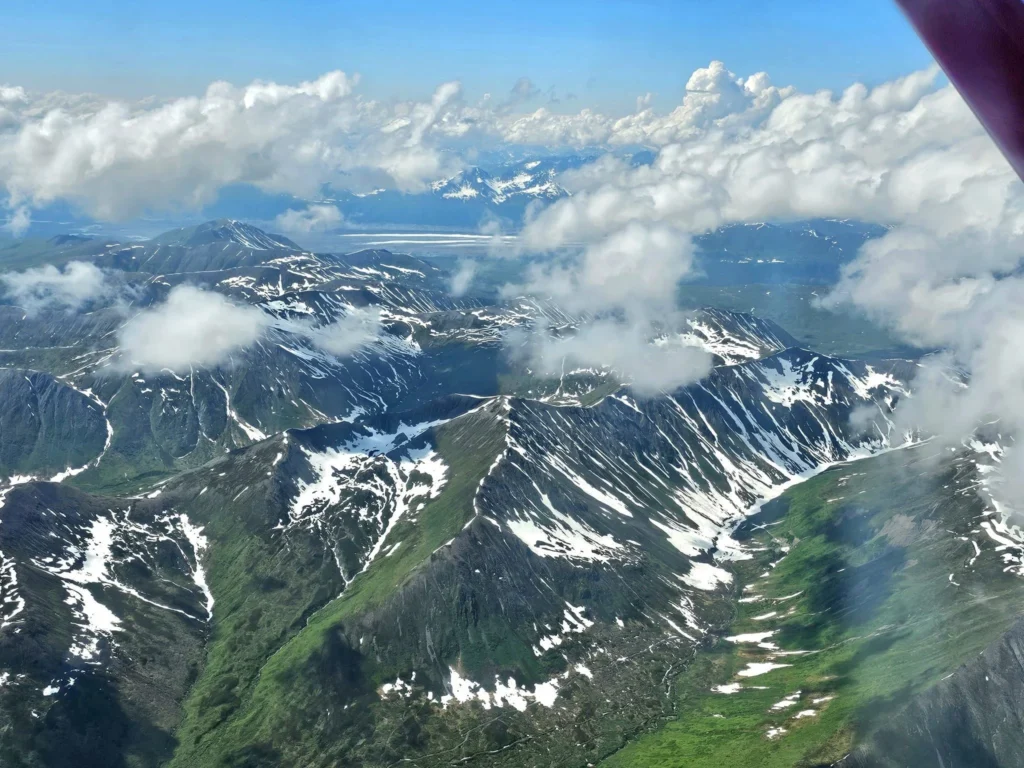 Unforgettable Alaska Flightseeing: A Journey Over Denali National Park 33 Cruising with Danny and Peter, Holland America Line, Westerdam, Anchorage, Alaska, United States | Aerial view of Denali, North America's tallest peak, and the majestic Alaska Range, captured during a Denali National Park flightseeing tour from Anchorage. The image also shows the stunning Ruth Glacier, a specialized plane with skis landing on Denali's snowy terrain, and wildlife such as moose grazing and beluga whales swimming in Cook Inlet.