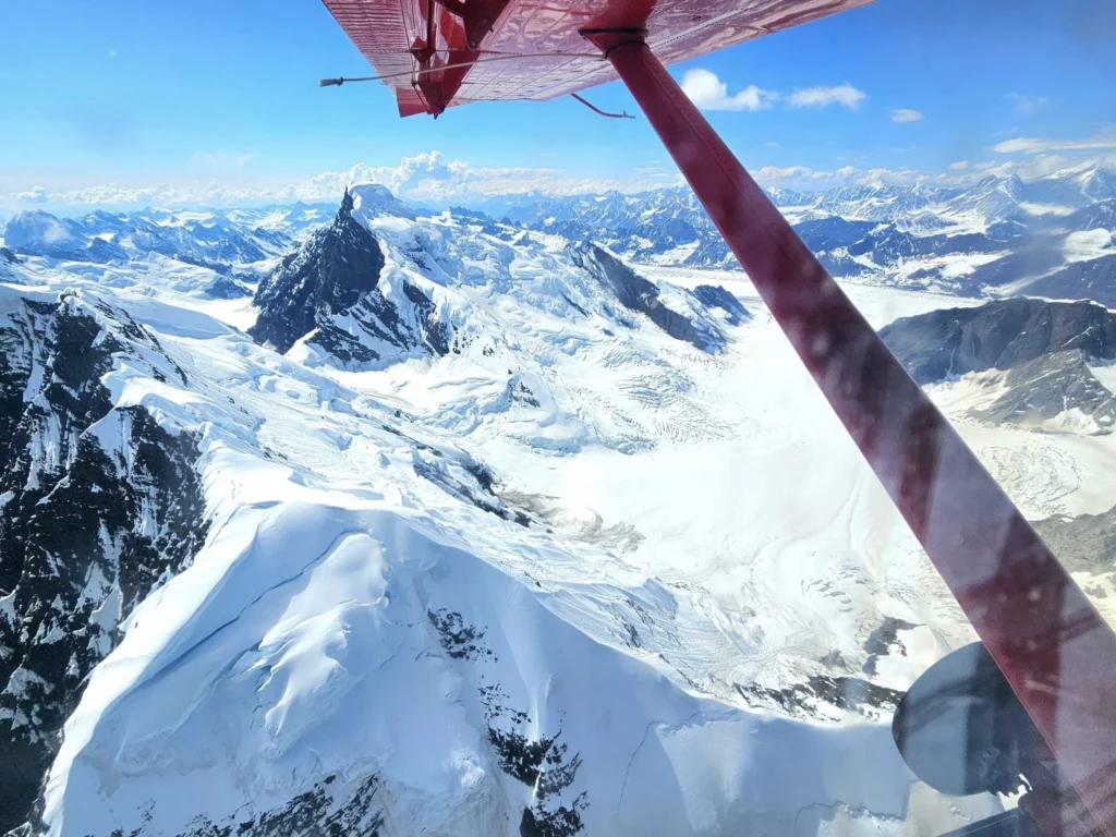 Unforgettable Alaska Flightseeing: A Journey Over Denali National Park 38 Cruising with Danny and Peter, Holland America Line, Westerdam, Anchorage, Alaska, United States | Aerial view of Denali, North America's tallest peak, and the majestic Alaska Range, captured during a Denali National Park flightseeing tour from Anchorage. The image also shows the stunning Ruth Glacier, a specialized plane with skis landing on Denali's snowy terrain, and wildlife such as moose grazing and beluga whales swimming in Cook Inlet.