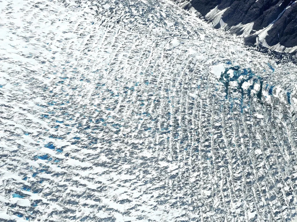 Unforgettable Alaska Flightseeing: A Journey Over Denali National Park 8 Cruising with Danny and Peter, Holland America Line, Westerdam, Anchorage, Alaska, United States | Aerial view of Denali, North America's tallest peak, and the majestic Alaska Range, captured during a Denali National Park flightseeing tour from Anchorage. The image also shows the stunning Ruth Glacier, a specialized plane with skis landing on Denali's snowy terrain, and wildlife such as moose grazing and beluga whales swimming in Cook Inlet.