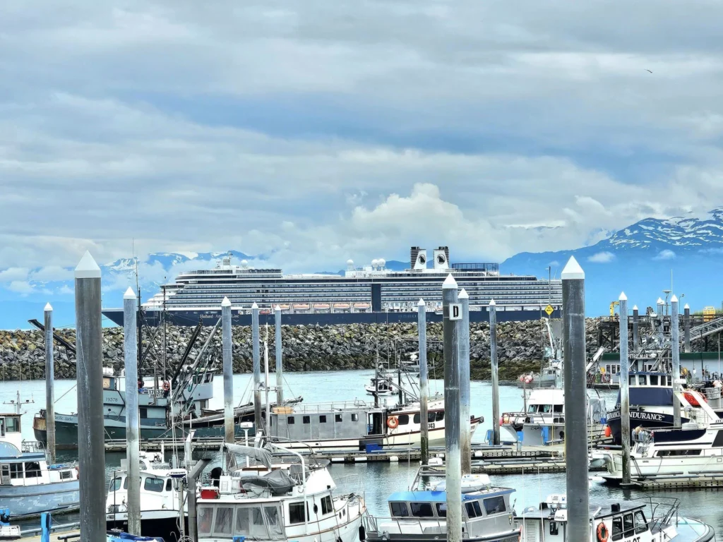 Cruising with Danny and Peter, Holland America Line, Westerdam, Spit (Homer), Alaska, United States | Boat on a morning water tour near Spit with Alaska Water Taxi & Charter, showing seabirds in flight, playful seals in Peterson Bay, sea otters in Cook Inlet, and guests enjoying The Orange Party on the Westerdam. Highlights include scenic boardwalk in Spit and a delicious Alaska seafood boil at Lido Market.