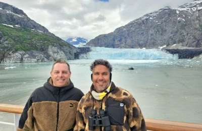 Cruising with Danny and Peter, Holland America Line, Westerdam, Glacier Bay, Alaska, United States | Westerdam cruise ship sailing through Glacier Bay on the Alaska Arctic Circle Solstice Cruise, showcasing stunning glaciers, snow-capped mountains, and diverse wildlife.