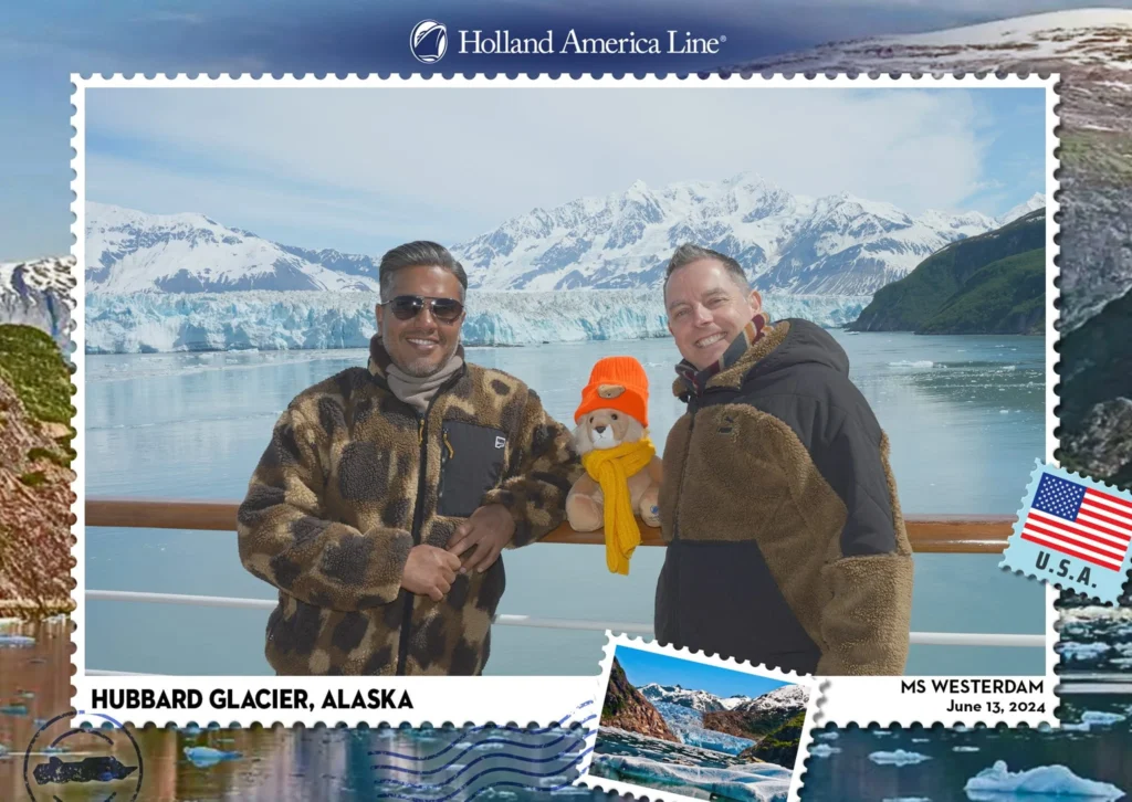 Cruising with Danny and Peter, Holland America Line, Westerdam, Seattle, Washington, United States | Aerial view of the MS Westerdam cruise ship sailing through Alaska’s stunning glaciers, showcasing the luxurious cruise experience and breathtaking scenery.