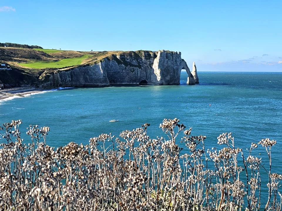 Cruising with Danny and Peter, MSC Cruises, MSC Preziosa, Le Havre, Paris, Étretat, France | Stunning views of the Étretat natural arches against the Normandy coastline, featuring the iconic L'Aiguille rock formation, picturesque half-timbered houses in Étretat, and travelers enjoying scenic walks along the cliffs during the unguided tour from MSC Preziosa.