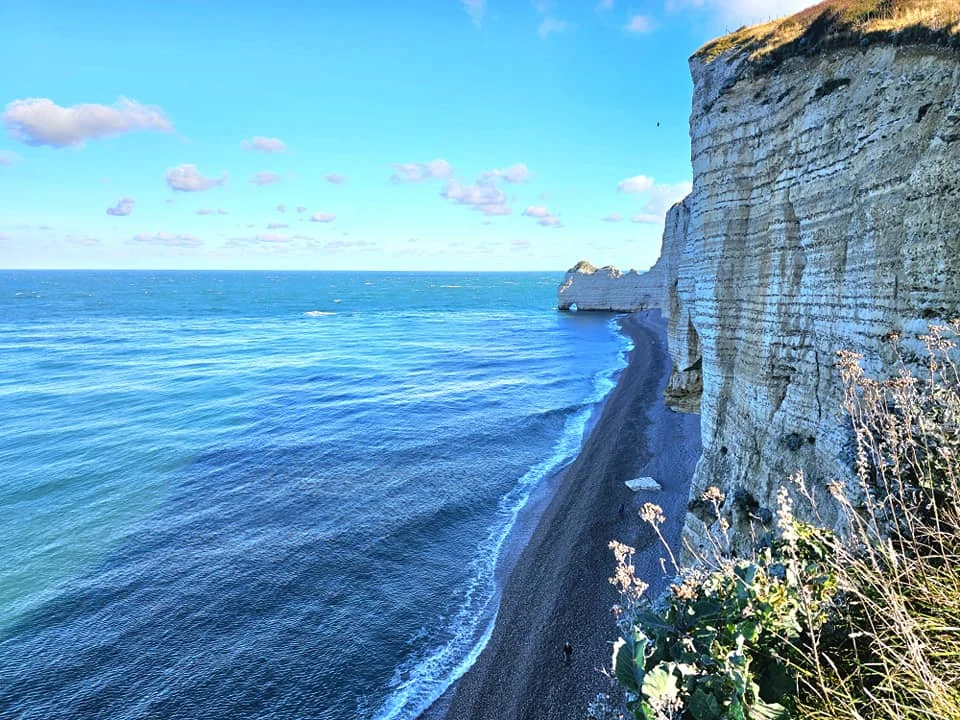 Cruising with Danny and Peter, MSC Cruises, MSC Preziosa, Le Havre, Paris, Étretat, France | Stunning views of the Étretat natural arches against the Normandy coastline, featuring the iconic L'Aiguille rock formation, picturesque half-timbered houses in Étretat, and travelers enjoying scenic walks along the cliffs during the unguided tour from MSC Preziosa.