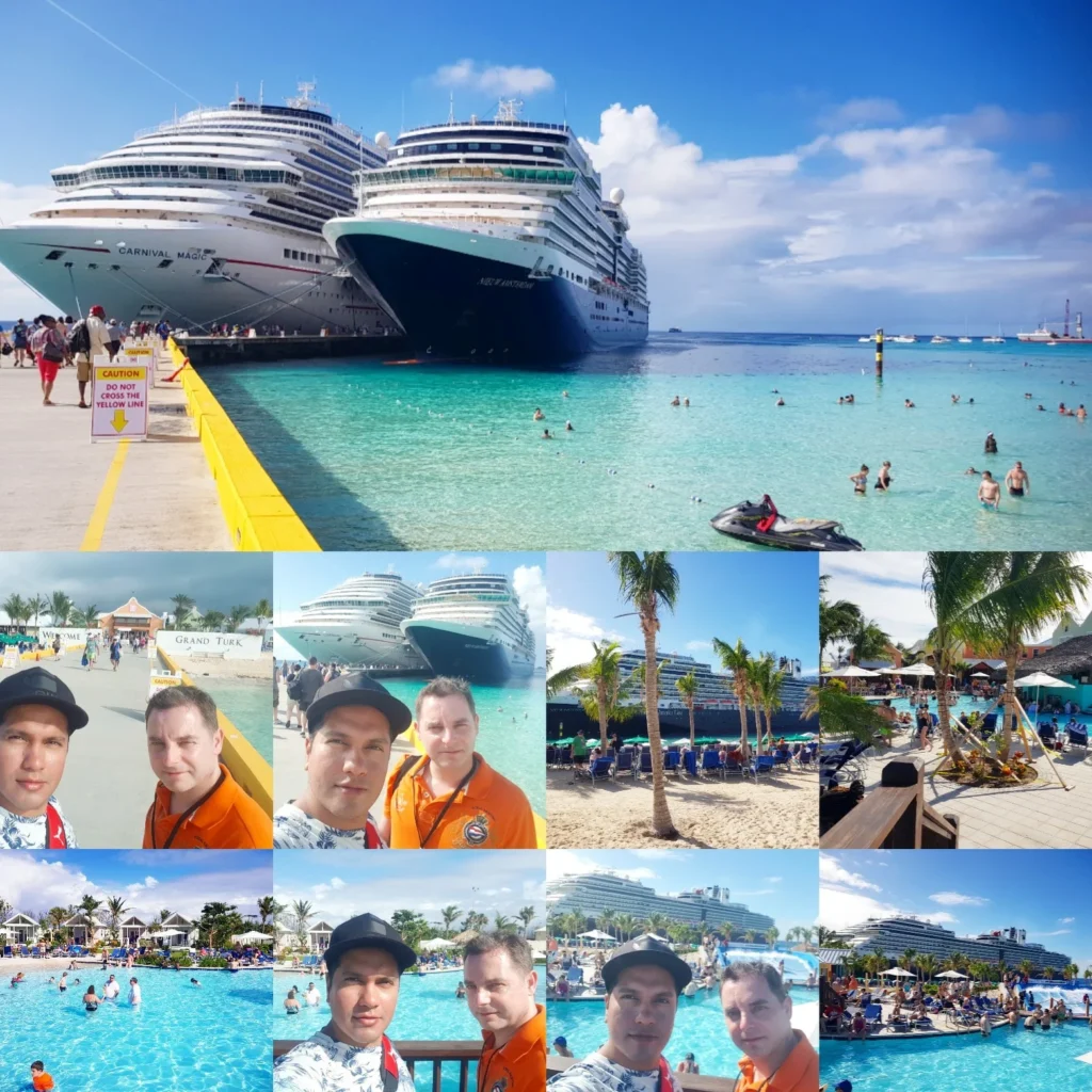 Cruising with Danny and Peter, Holland America Line, Nieuw Amsterdam, Grand Turk, Turks And Caicos | A stunning view of Bajari Beach in Grand Turk, showcasing the pristine shoreline and turquoise waters. Sunbathers relax under palm trees, while families enjoy beach picnics and vibrant snorkeling activities in the crystal-clear sea, capturing the essence of a perfect Caribbean getaway.