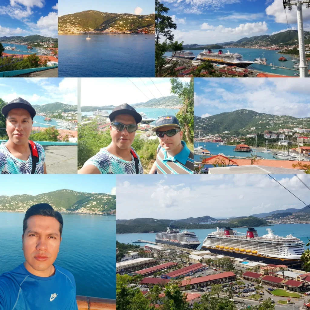 Cruising with Danny and Peter, Holland America Line, Nieuw Amsterdam, Saint Thomas, United States Virgin Islands | An adventurous scene capturing the essence of a St. Thomas adventure with vibrant images of kayaking along the pristine coastline, snorkeling amidst colorful coral reefs, and hiking on lush island trails. The images showcase the breathtaking natural beauty of the US Virgin Islands, highlighting the outdoor activities and eco-tourism experiences available in St. Thomas.