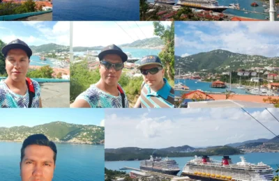 Cruising with Danny and Peter, Holland America Line, Nieuw Amsterdam, Saint Thomas, United States Virgin Islands | An adventurous scene capturing the essence of a St. Thomas adventure with vibrant images of kayaking along the pristine coastline, snorkeling amidst colorful coral reefs, and hiking on lush island trails. The images showcase the breathtaking natural beauty of the US Virgin Islands, highlighting the outdoor activities and eco-tourism experiences available in St. Thomas.