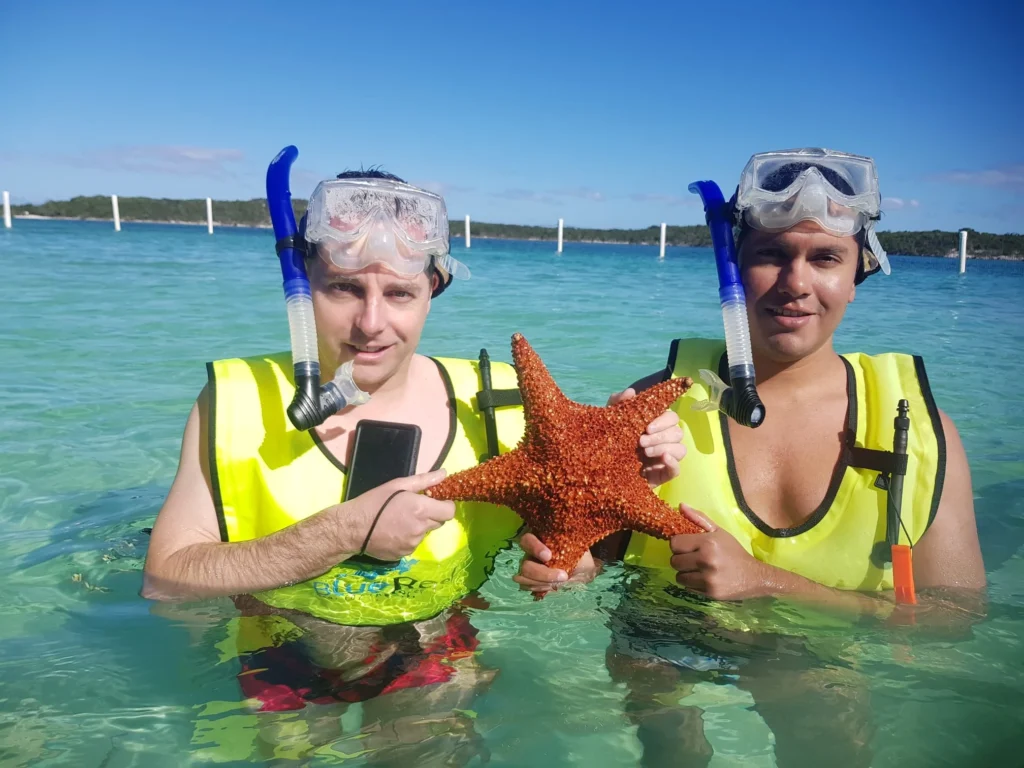 Cruising with Danny and Peter, Holland America Line, Nieuw Amsterdam, Half Moon Cay, Bahamas | Visitors enjoy a thrilling Half Moon Cay stingray adventure, snorkeling with gentle stingrays in crystal-clear Caribbean waters, surrounded by pristine beaches and tropical scenery.