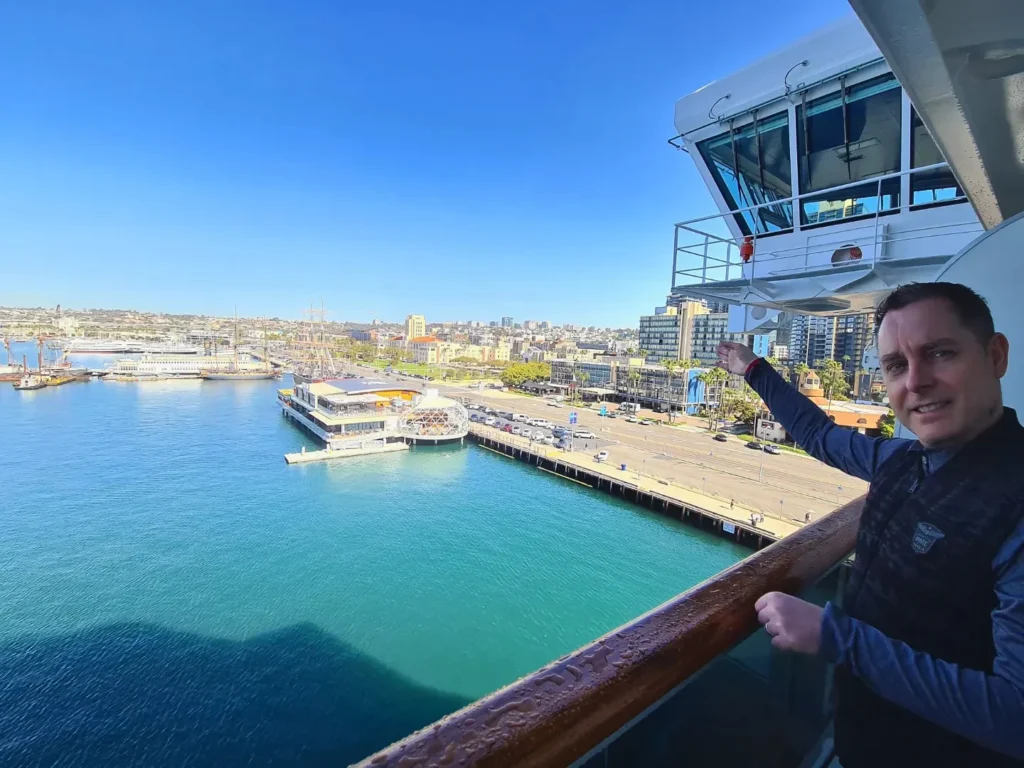 Cruising with Danny and Peter, Holland America Line, Koningsdam, San Diego, California, United States | Guests enjoying a seamless Cruise Embarkation Day with a special Birthday Celebration on Cruise Ship, featuring a warm welcome, joyful moments, and a festive atmosphere on the deck.