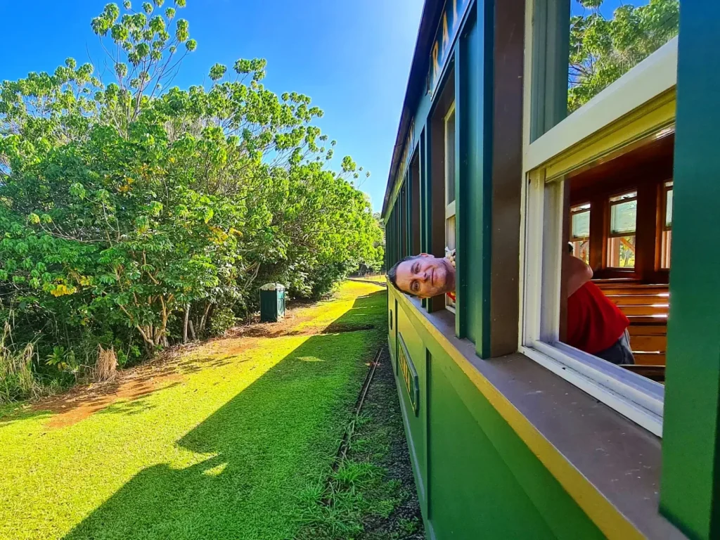 Cruising with Danny and Peter, Holland America Line, Koningsdam, Nawiliwili, Kauai, Hawaii, United States | Scenic views from the Nawiliwili Plantation Railway showcasing lush landscapes of Kauai, tropical fruit plantations, and historic plantation architecture, capturing the essence of a Hawaiian plantation experience.