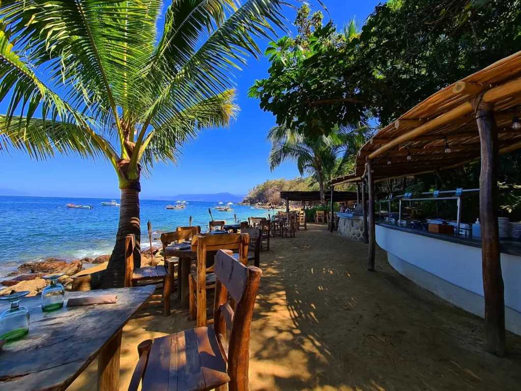 Cruising with Danny and Peter, Holland America Line, Koningsdam, Puerto Vallarta, Mexico | Las Caletas Beach in Puerto Vallarta featuring serene sandy shores, lush tropical greenery, and guests enjoying a relaxing beach day. The scene captures the essence of a secluded beach getaway with clear blue waters, vibrant Mexican cuisine, and the tranquil atmosphere of this hidden gem.