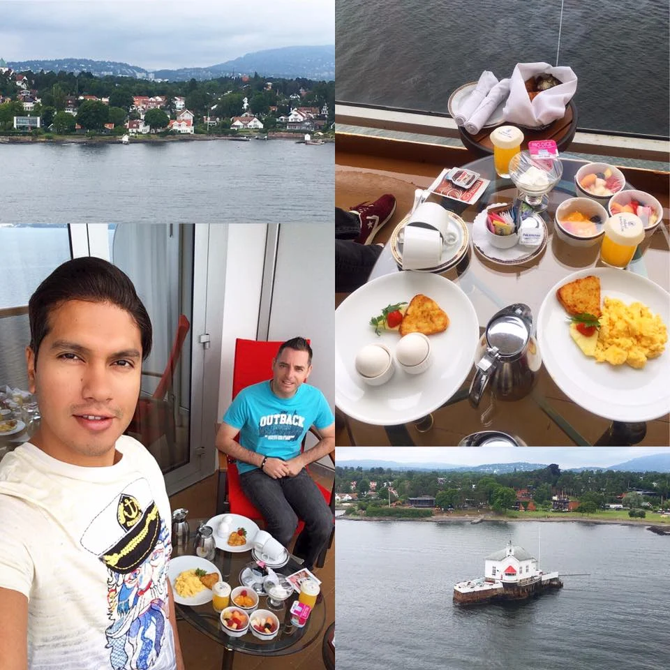Cruising with Danny and Peter, Holland America Line, Zuiderdam, Oslo, Norway | Breakfast on the Zuiderdam verandah with stunning Norwegian fjord views, a luxurious start to the Norwegian fjords cruise experience. Explore Oslo’s skyline, including the Royal Palace, and enjoy fresh Norwegian salmon at a waterfront restaurant, all while taking in majestic fjord landscapes from the ship.