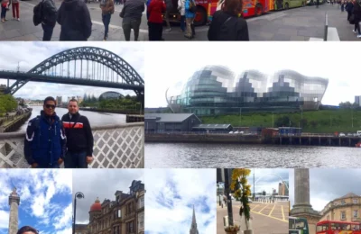 Cruising with Danny and Peter, Holland America Line, Zuiderdam, Newcastle upon Tyne, United Kingdom | Views from our Holland America Line Baltic cruise in Newcastle upon Tyne, featuring the modern Millennium Bridge, historic Castle Keep, bustling Quayside, cozy café for coffee, and vibrant contemporary art galleries.