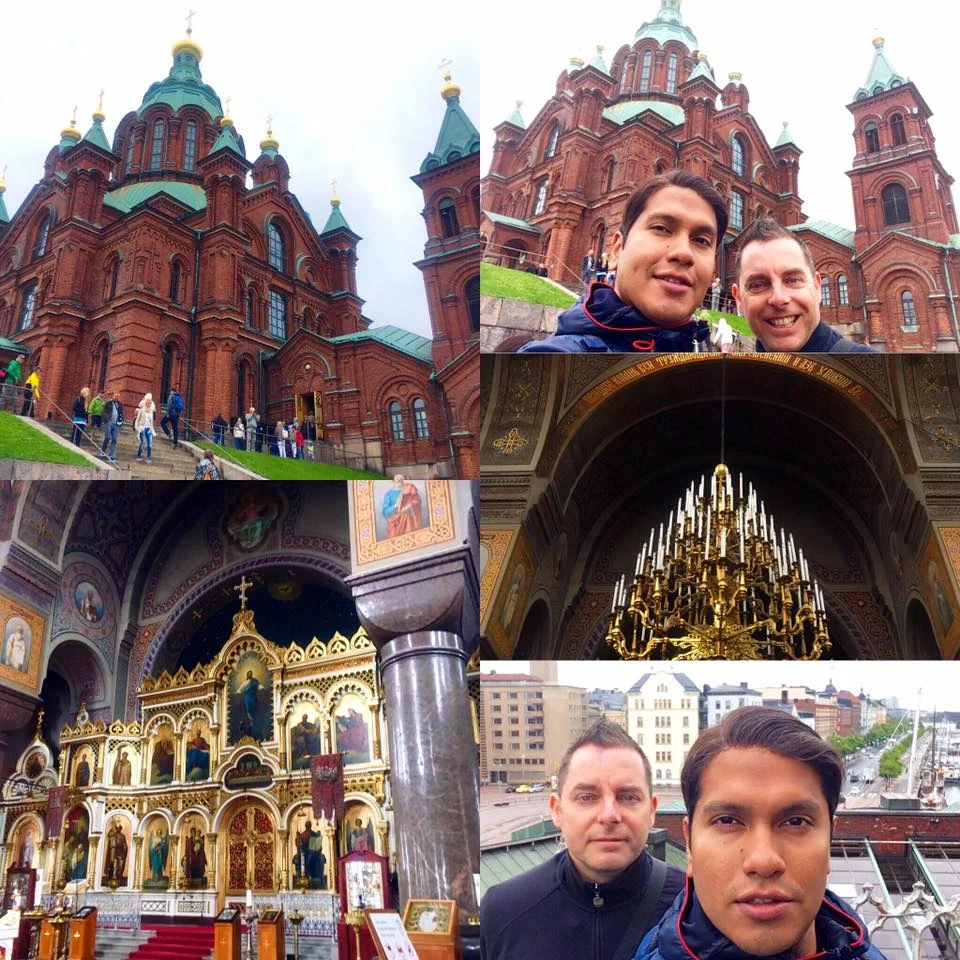 Cruising with Danny and Peter, Holland America Line, Zuiderdam, Helsinki, Finland | Stunning view of Helsinki's Market Square bustling with visitors and local vendors during our Baltic Cruise, showcasing vibrant Finnish delicacies and handicrafts. The iconic Helsinki Cathedral stands majestically in the background, with its pristine white façade and domes reflecting the city's architectural grandeur. Images of the unique Temppeliaukio Church carved into solid rock, highlighting its serene atmosphere and natural acoustics, further illustrate our Baltic region exploration.