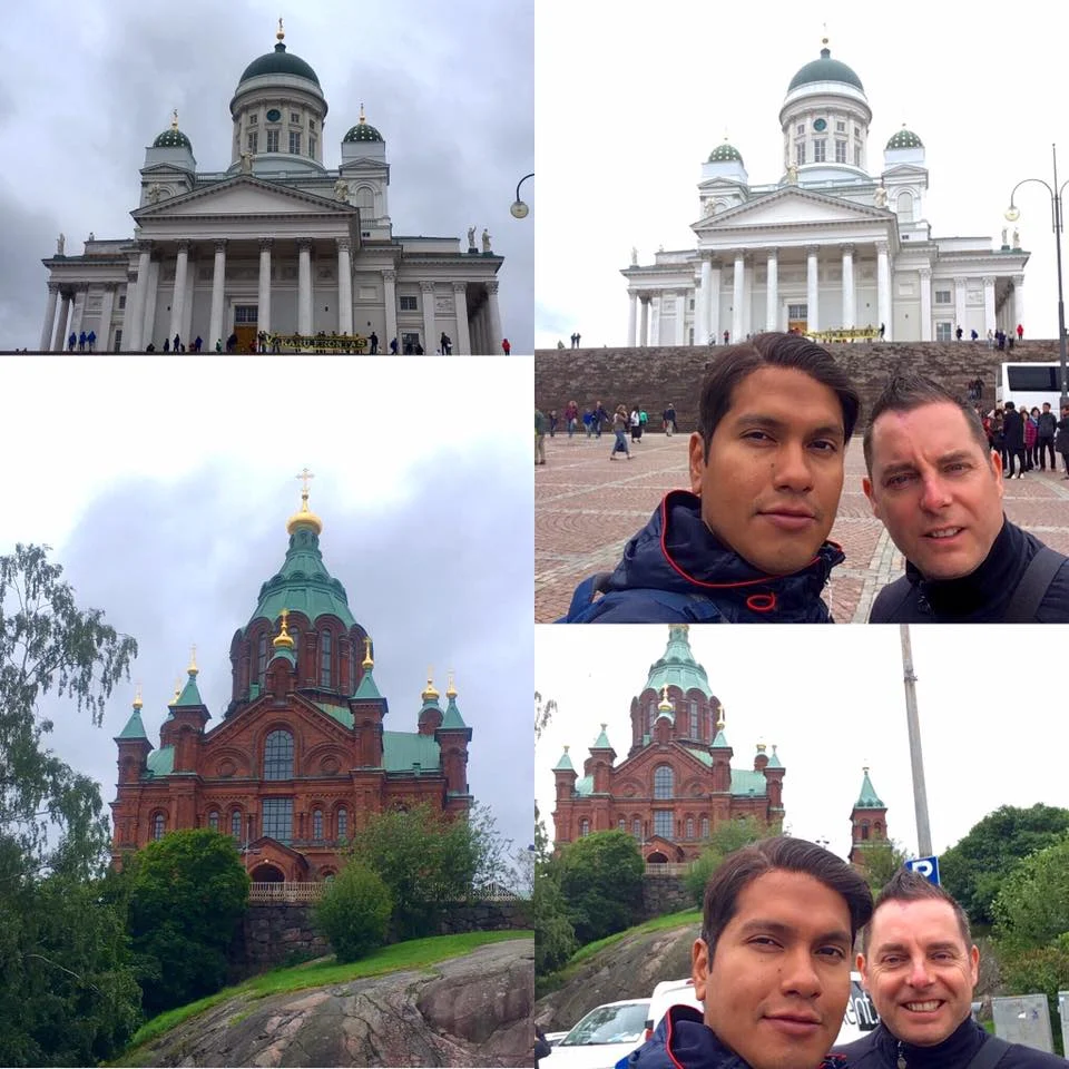 Cruising with Danny and Peter, Holland America Line, Zuiderdam, Helsinki, Finland | Stunning view of Helsinki's Market Square bustling with visitors and local vendors during our Baltic Cruise, showcasing vibrant Finnish delicacies and handicrafts. The iconic Helsinki Cathedral stands majestically in the background, with its pristine white façade and domes reflecting the city's architectural grandeur. Images of the unique Temppeliaukio Church carved into solid rock, highlighting its serene atmosphere and natural acoustics, further illustrate our Baltic region exploration.
