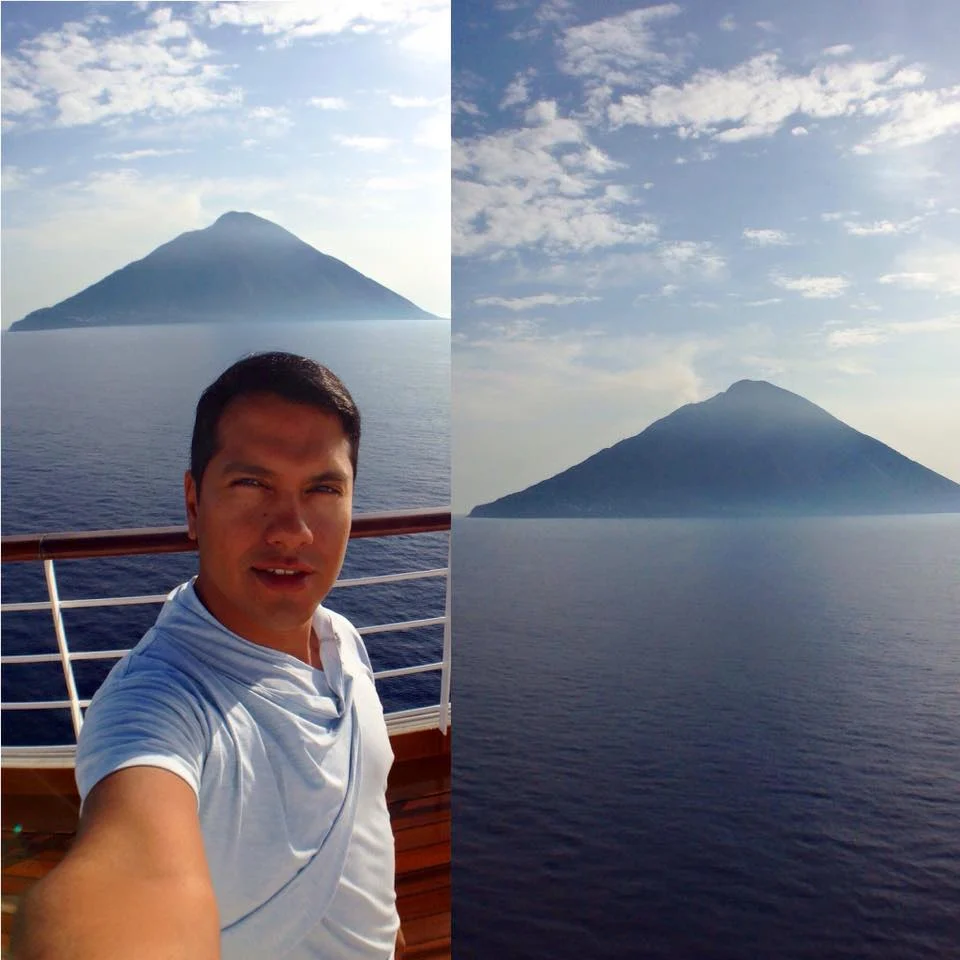 Cruising with Danny and Peter, Holland America Line, Zuiderdam, Messina, Italy | Stunning view of Stromboli volcano erupting at night, vibrant streets of Messina with historic landmarks, breathtaking Strait of Messina views, and highlights of a Mediterranean cruise itinerary featuring Sicily and southern Italy.