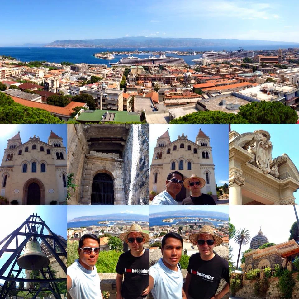 Cruising with Danny and Peter, Holland America Line, Zuiderdam, Messina, Italy | Stunning view of Stromboli volcano erupting at night, vibrant streets of Messina with historic landmarks, breathtaking Strait of Messina views, and highlights of a Mediterranean cruise itinerary featuring Sicily and southern Italy.