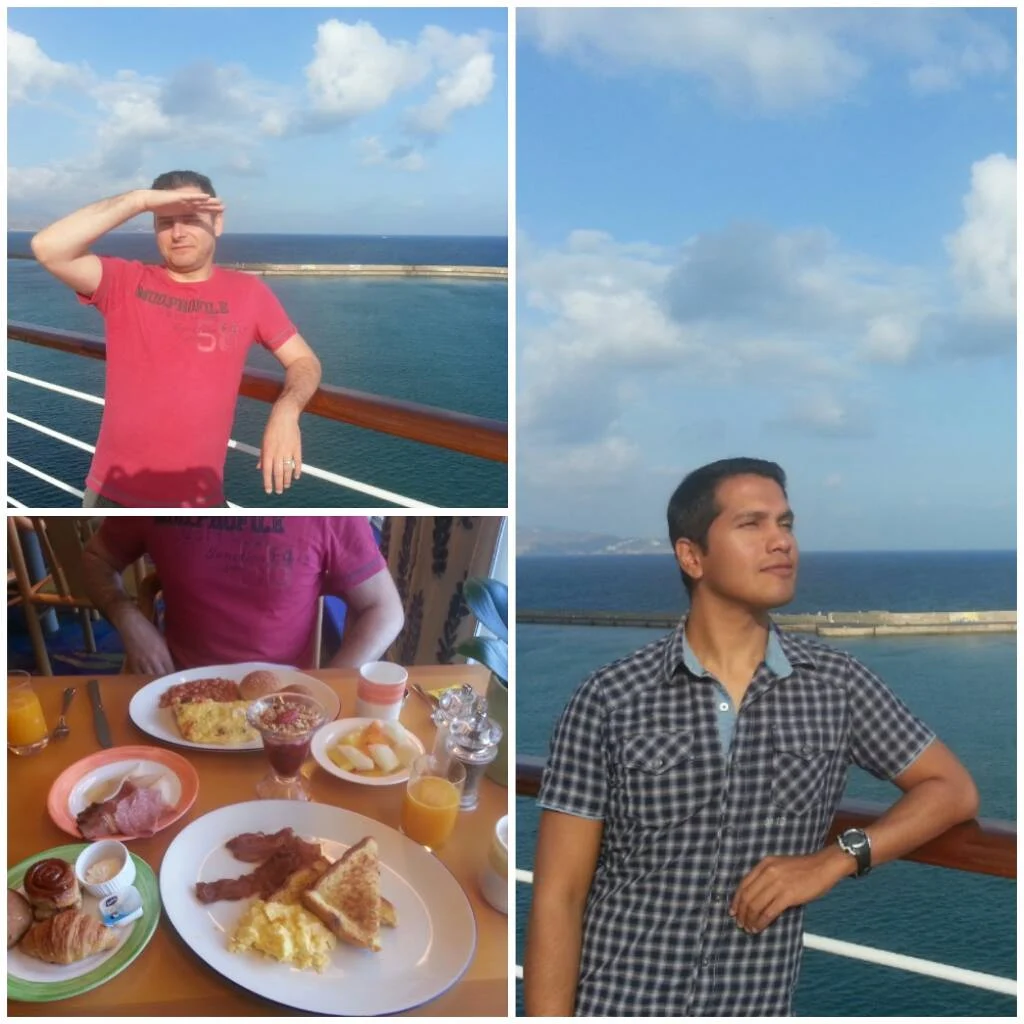 Cruising with Danny and Peter, Holland America Line, Ryndam, Iraklion, Crete, Greece | View of the historic Koules Fortress in Iraklion, Crete, showcasing ancient architecture during an Iraklion Crete tour, with the vibrant harbor in the background; a delicious Italian dinner served on board MS Ryndam, featuring fresh pasta and seafood, highlighting the culinary delights available after exploring Heraklion's cultural attractions.