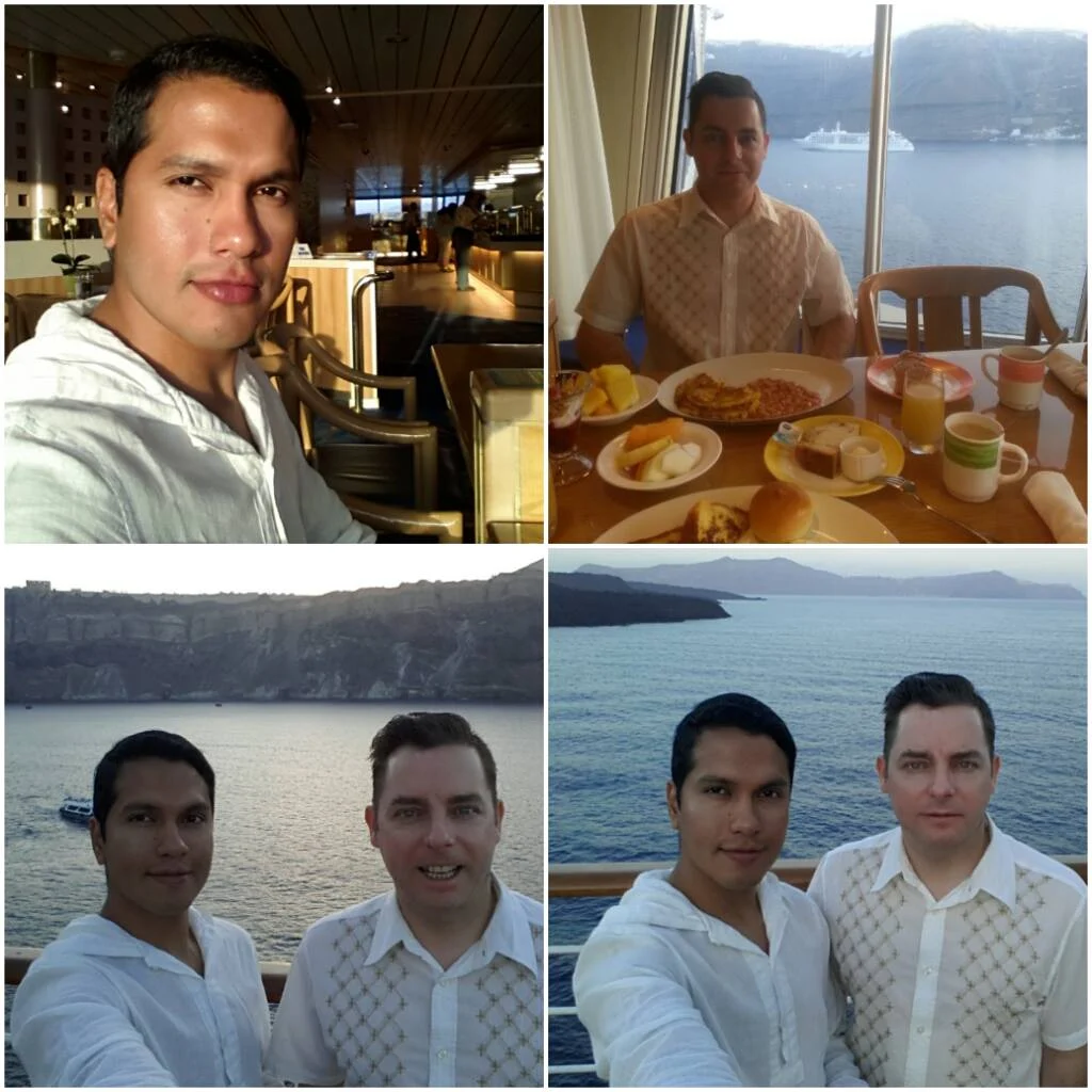 A Comprehensive Santorini Travel Experience: Exploring the Best of the Island 2 Cruising with Danny and Peter, Holland America Line, Ryndam, Thira, Santorini, Greece | Stunning views of Oia village in Santorini, showcasing white-washed buildings against the deep blue Aegean Sea; a refreshing cactus juice drink enjoyed on a terrace during our Santorini travel experience; and a delectable plate of zuppa di pesce at the Canaletto restaurant on the MS Ryndam, capturing the essence of Santorini dining options and its beautiful landscapes.