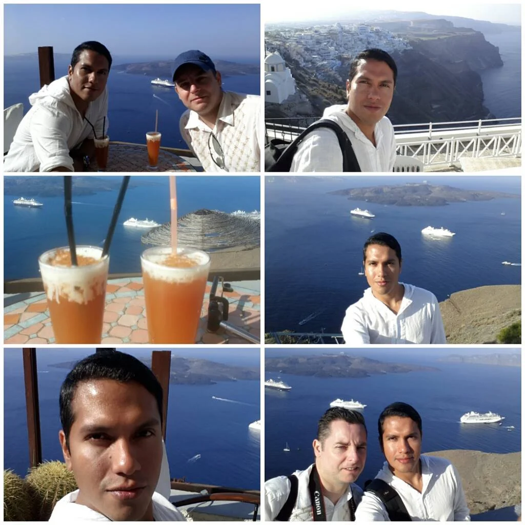 A Comprehensive Santorini Travel Experience: Exploring the Best of the Island 3 Cruising with Danny and Peter, Holland America Line, Ryndam, Thira, Santorini, Greece | Stunning views of Oia village in Santorini, showcasing white-washed buildings against the deep blue Aegean Sea; a refreshing cactus juice drink enjoyed on a terrace during our Santorini travel experience; and a delectable plate of zuppa di pesce at the Canaletto restaurant on the MS Ryndam, capturing the essence of Santorini dining options and its beautiful landscapes.