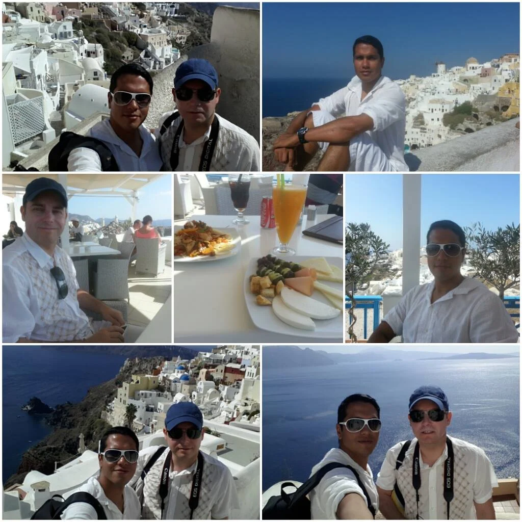 A Comprehensive Santorini Travel Experience: Exploring the Best of the Island 4 Cruising with Danny and Peter, Holland America Line, Ryndam, Thira, Santorini, Greece | Stunning views of Oia village in Santorini, showcasing white-washed buildings against the deep blue Aegean Sea; a refreshing cactus juice drink enjoyed on a terrace during our Santorini travel experience; and a delectable plate of zuppa di pesce at the Canaletto restaurant on the MS Ryndam, capturing the essence of Santorini dining options and its beautiful landscapes.