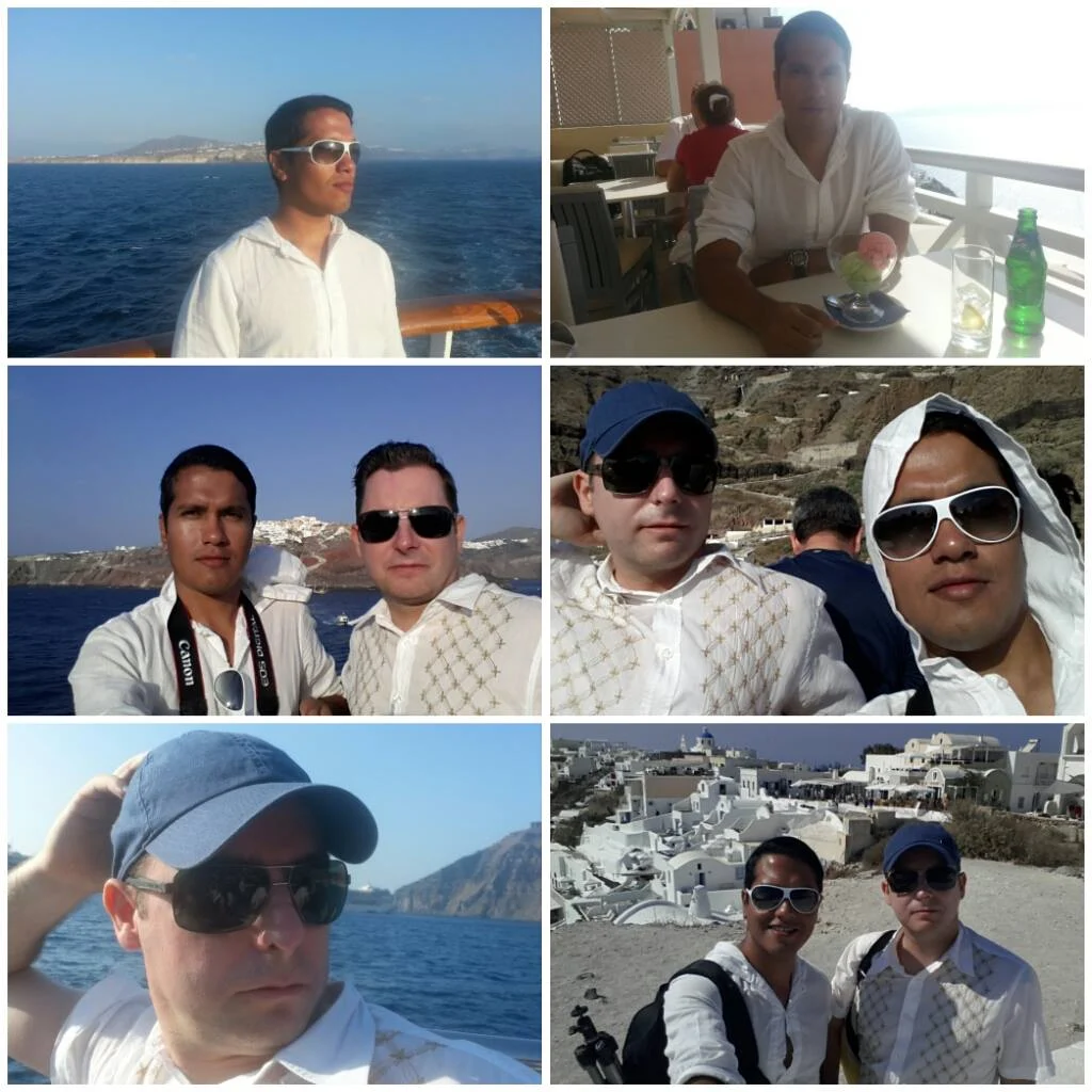 A Comprehensive Santorini Travel Experience: Exploring the Best of the Island 5 Cruising with Danny and Peter, Holland America Line, Ryndam, Thira, Santorini, Greece | Stunning views of Oia village in Santorini, showcasing white-washed buildings against the deep blue Aegean Sea; a refreshing cactus juice drink enjoyed on a terrace during our Santorini travel experience; and a delectable plate of zuppa di pesce at the Canaletto restaurant on the MS Ryndam, capturing the essence of Santorini dining options and its beautiful landscapes.