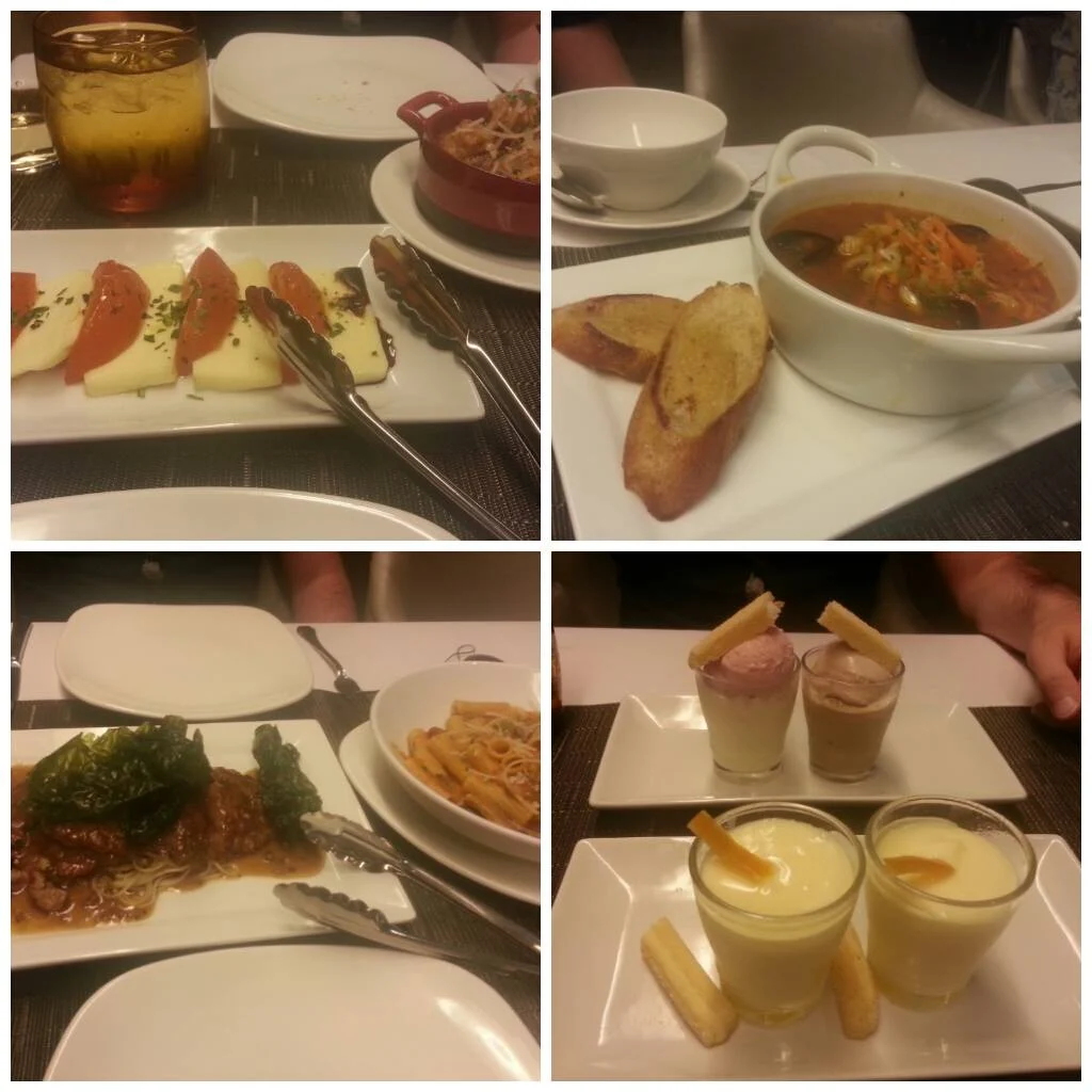 A Comprehensive Santorini Travel Experience: Exploring the Best of the Island 6 Cruising with Danny and Peter, Holland America Line, Ryndam, Thira, Santorini, Greece | Stunning views of Oia village in Santorini, showcasing white-washed buildings against the deep blue Aegean Sea; a refreshing cactus juice drink enjoyed on a terrace during our Santorini travel experience; and a delectable plate of zuppa di pesce at the Canaletto restaurant on the MS Ryndam, capturing the essence of Santorini dining options and its beautiful landscapes.