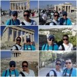 Cruising with Danny and Peter, Holland America Line, Ryndam, Piraeus, Athens, Greece | A beautiful view of the ancient Acropolis in Athens during our disembarkation experience, showcasing historical sites in Athens. A vibrant taverna scene with Greek cuisine and local beer highlights our culinary adventures after exploring Athens.