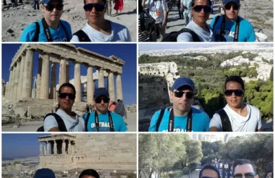 Cruising with Danny and Peter, Holland America Line, Ryndam, Piraeus, Athens, Greece | A beautiful view of the ancient Acropolis in Athens during our disembarkation experience, showcasing historical sites in Athens. A vibrant taverna scene with Greek cuisine and local beer highlights our culinary adventures after exploring Athens.