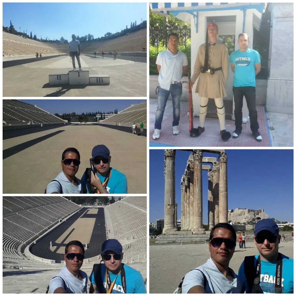 Cruising with Danny and Peter, Holland America Line, Ryndam, Piraeus, Athens, Greece | A beautiful view of the ancient Acropolis in Athens during our disembarkation experience, showcasing historical sites in Athens. A vibrant taverna scene with Greek cuisine and local beer highlights our culinary adventures after exploring Athens.