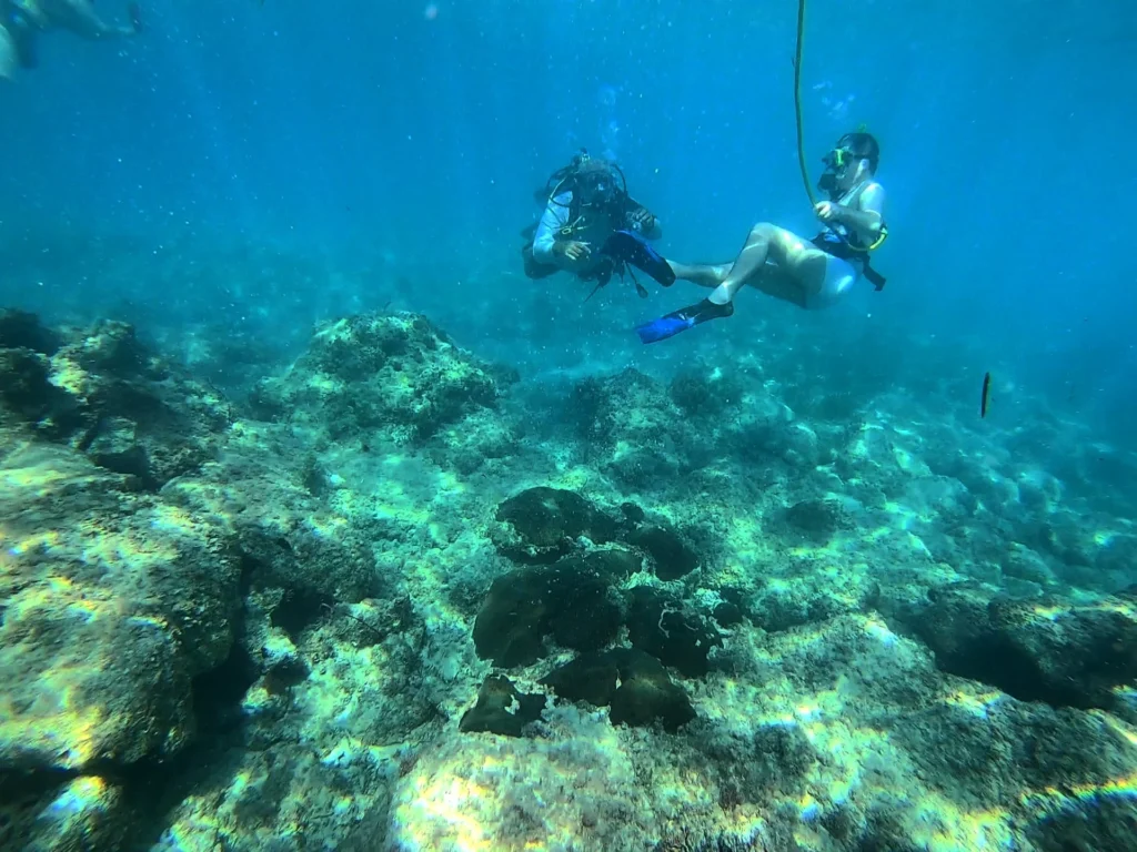 Cruising with Danny and Peter, Holland America Line, Zuiderdam, Grand Turk, Turks And Caicos | A group of adventurers enjoying a Snuba adventure in Grand Turk, exploring vibrant marine life and colorful coral reefs. The clear turquoise waters showcase the underwater ecosystem as participants breathe effortlessly through their Snuba equipment, immersing themselves in this unforgettable Caribbean snorkeling experience.